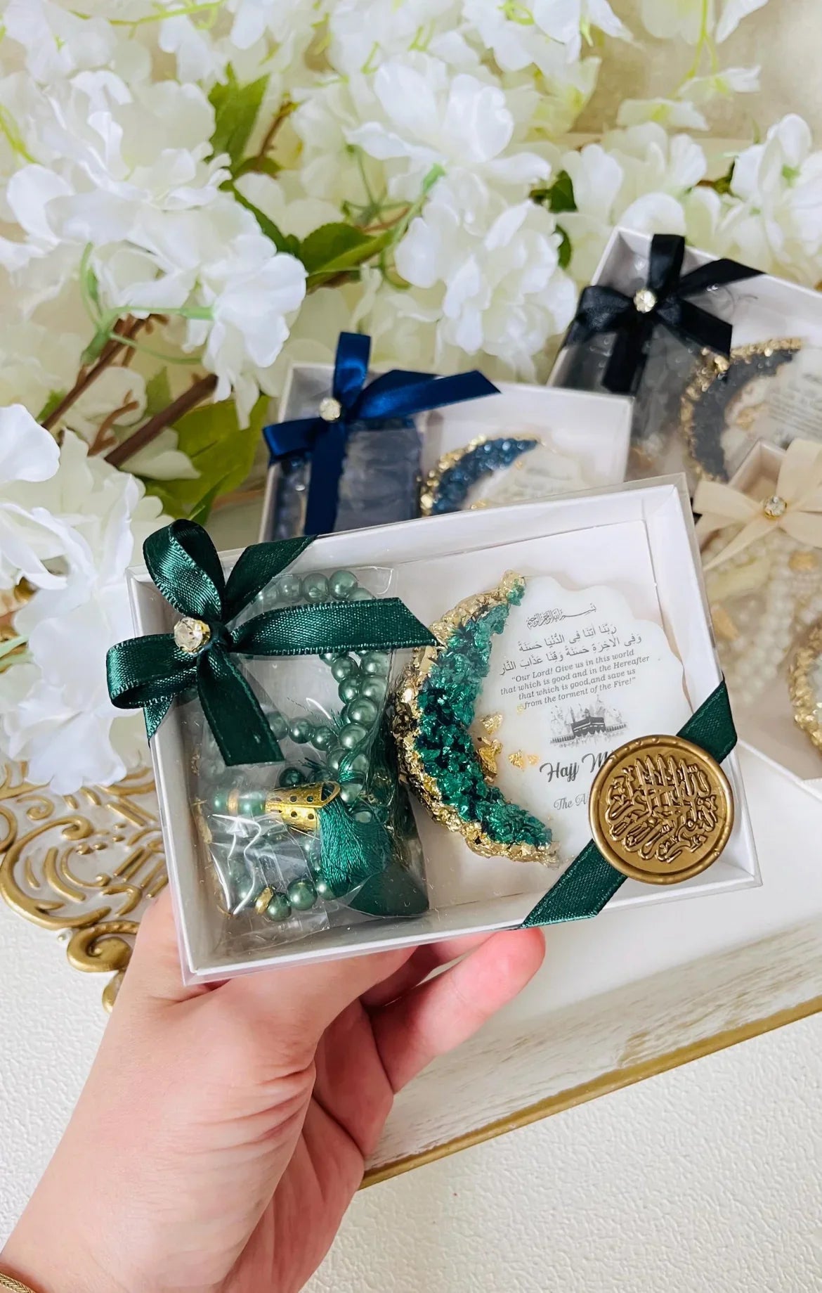 Emerald green Hajj favor gift box Pakistan with prayer beads & crescent moon decor