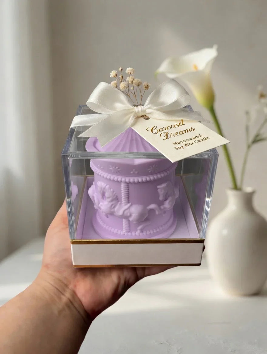 Purple carousel soy wax candle gift box Pakistan, hand-poured with ribbon & tag, ideal for weddings or baby showers