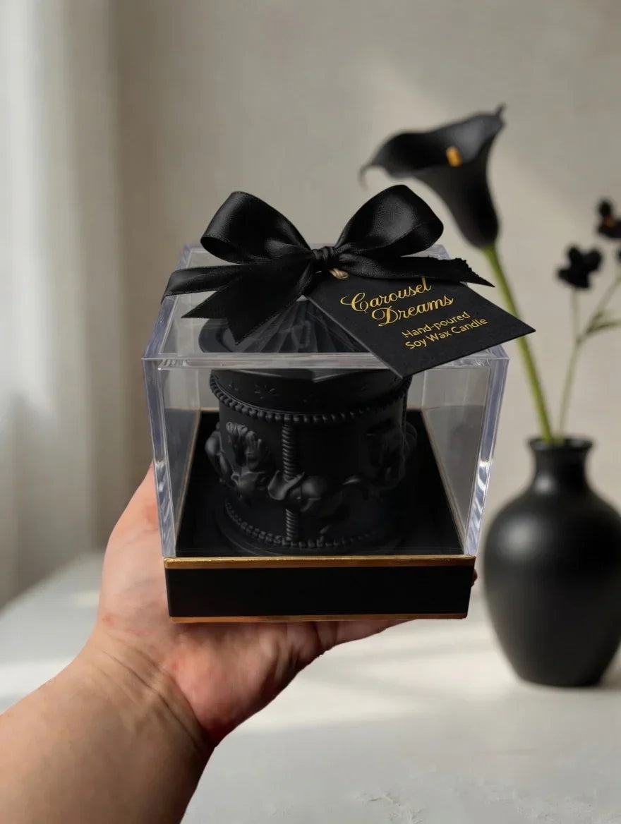 Black carousel soy wax candle gift box Pakistan by Just Serene