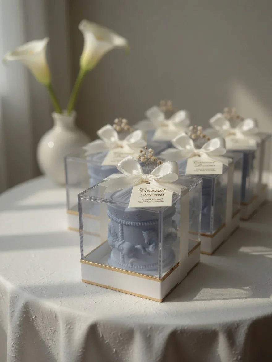 Handcrafted soy wax candle Pakistan by Just Serene, luxury home decor with white ribbon and floral accents