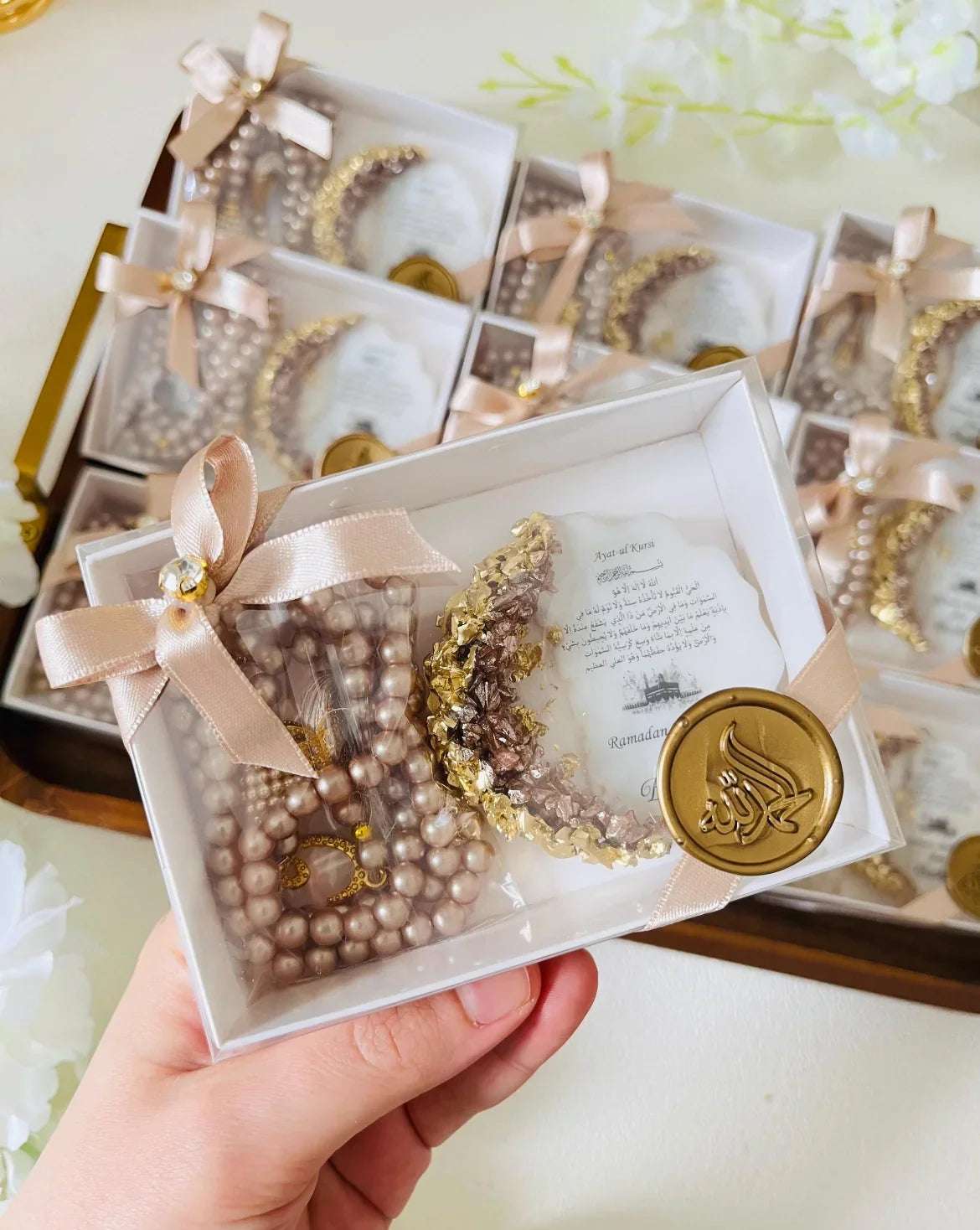 Ramadan gift box with prayer beads & gold crescent Pakistan by Just Serene