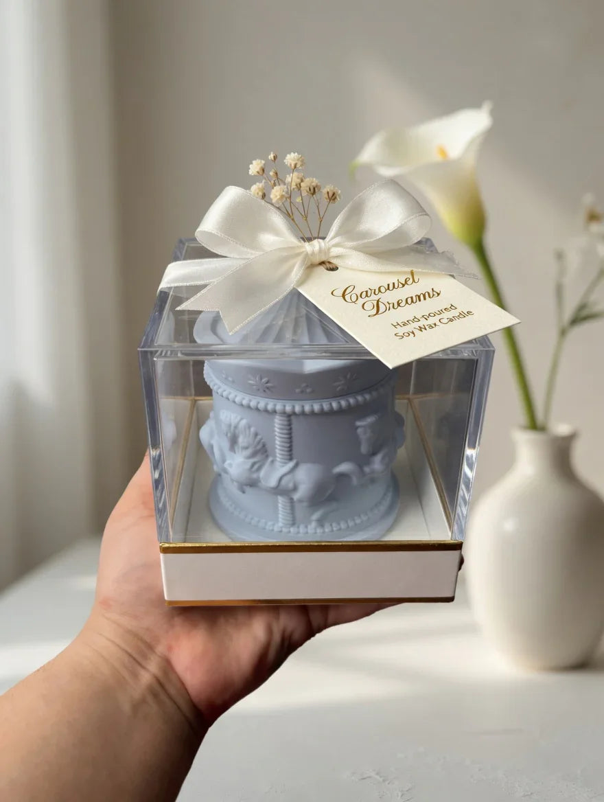 Carousel Dreams soy wax candle Pakistan, hand-poured in luxury gift box with ribbon and dried flowers