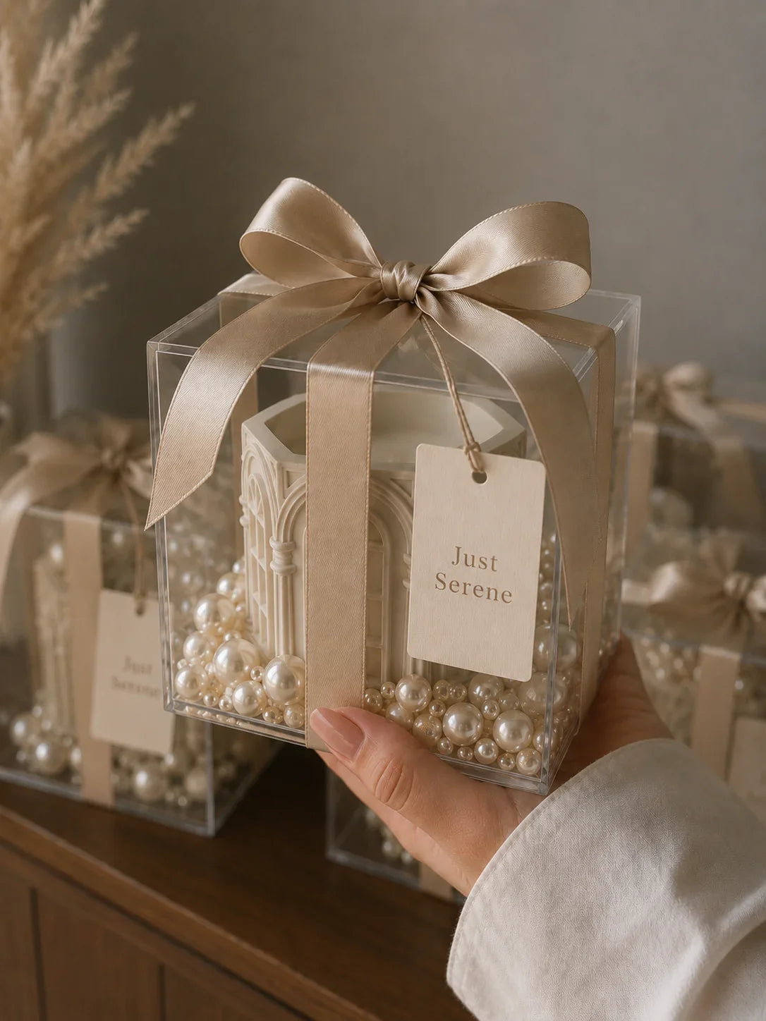 Luxury wedding favour gift box Pakistan by Just Serene with pearl fill and satin bow