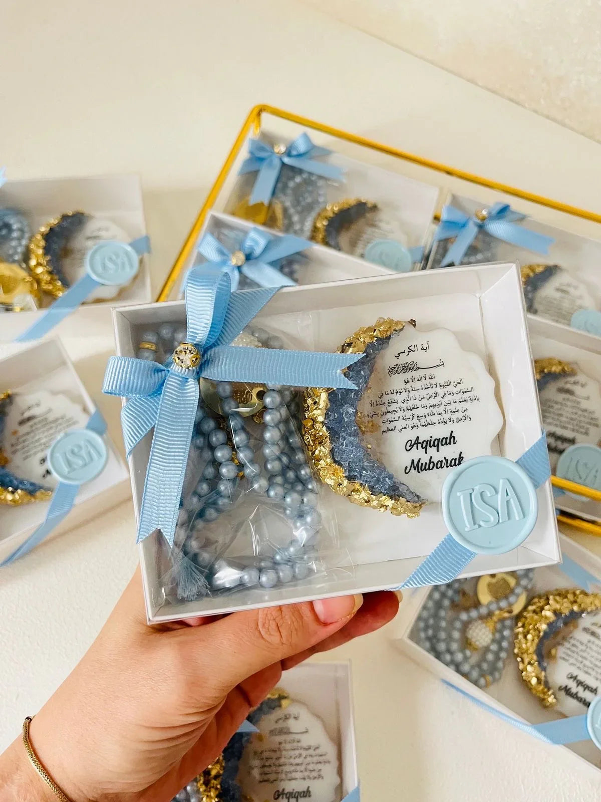 Aqiqah Mubarak favor box with blue beads & gold crescent Pakistan by Just Serene