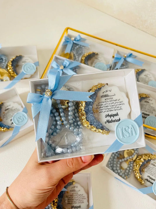 Aqiqah Mubarak favor box with blue beads & gold crescent Pakistan by Just Serene