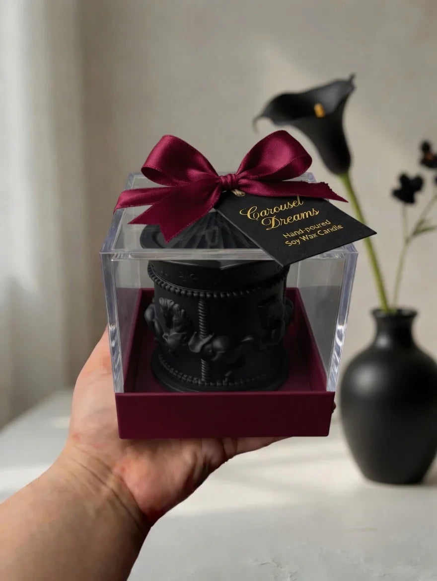 Hand-poured soy wax candle Pakistan in luxury gift box with maroon bow by Just Serene