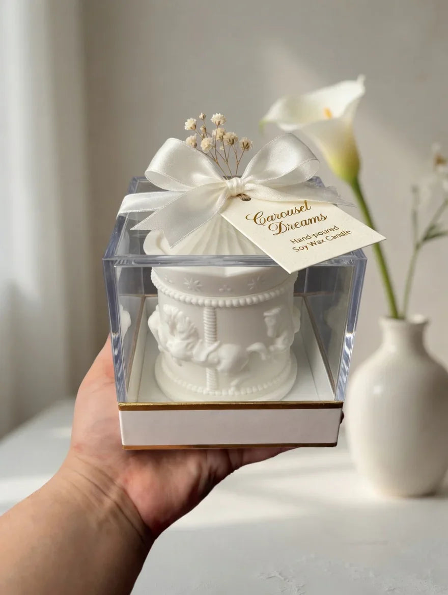 Carousel Dreams soy wax candle Pakistan, hand-poured in white carousel design with ribbon, gift boxed