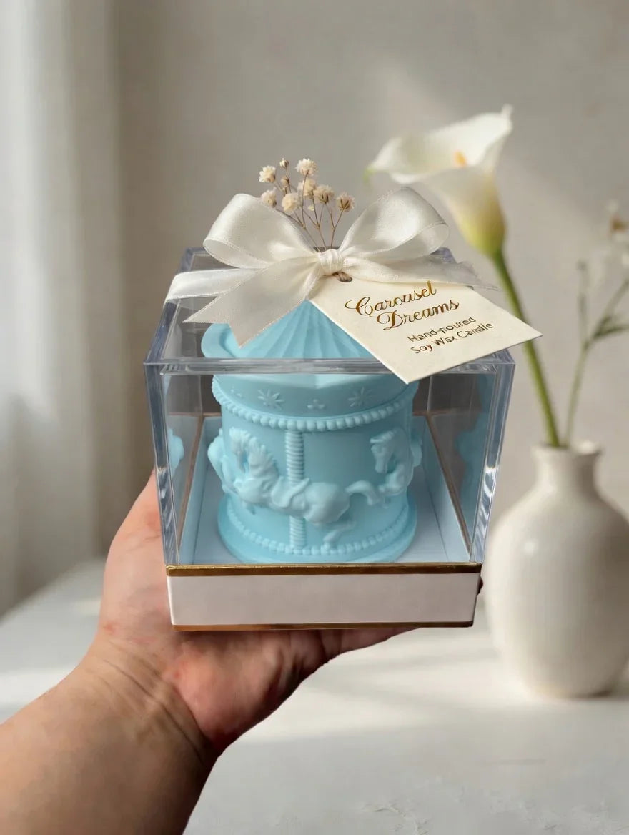Carousel Dreams soy wax candle Pakistan, hand-poured in gift box with ribbon, perfect for weddings & baby showers