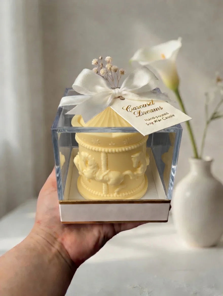 Carousel Dreams soy wax candle Pakistan, hand-poured luxury gift box with ribbon & dried flowers