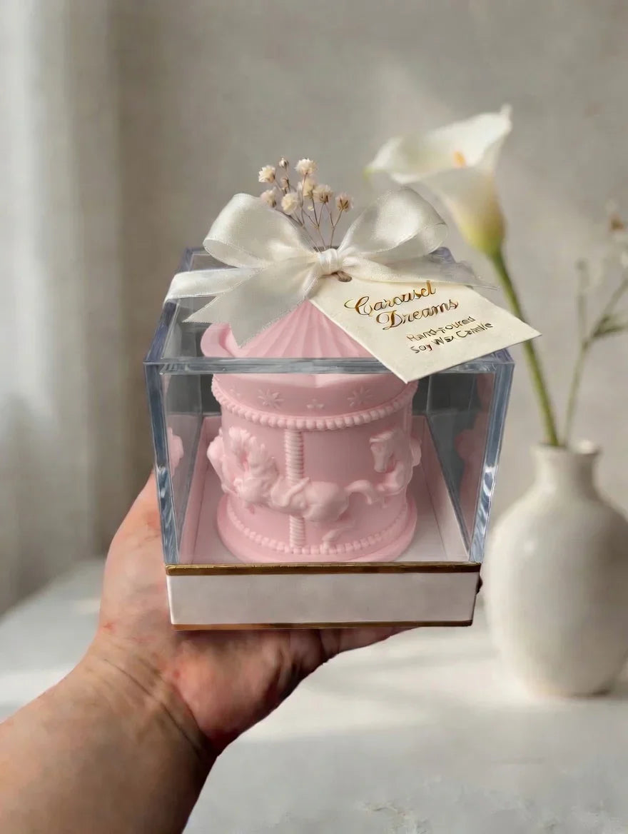 Pink carousel soy wax candle Pakistan by Just Serene, handcrafted gift with ribbon & tag