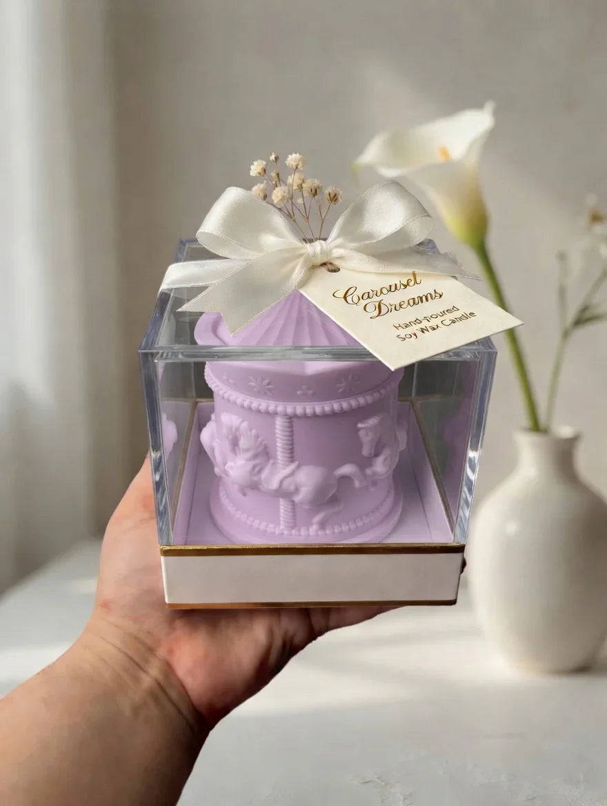 Purple carousel soy wax candle Pakistan in clear gift box with ribbon, baby shower favor