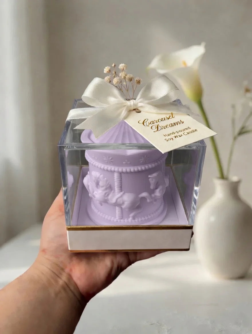 Purple carousel soy wax candle Pakistan by Just Serene, hand-poured with ribbon & tag