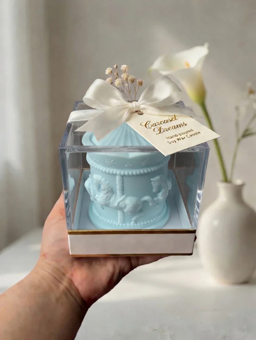 Carousel Dreams soy wax candle Pakistan in clear gift box with ribbon, hand-poured luxury home decor