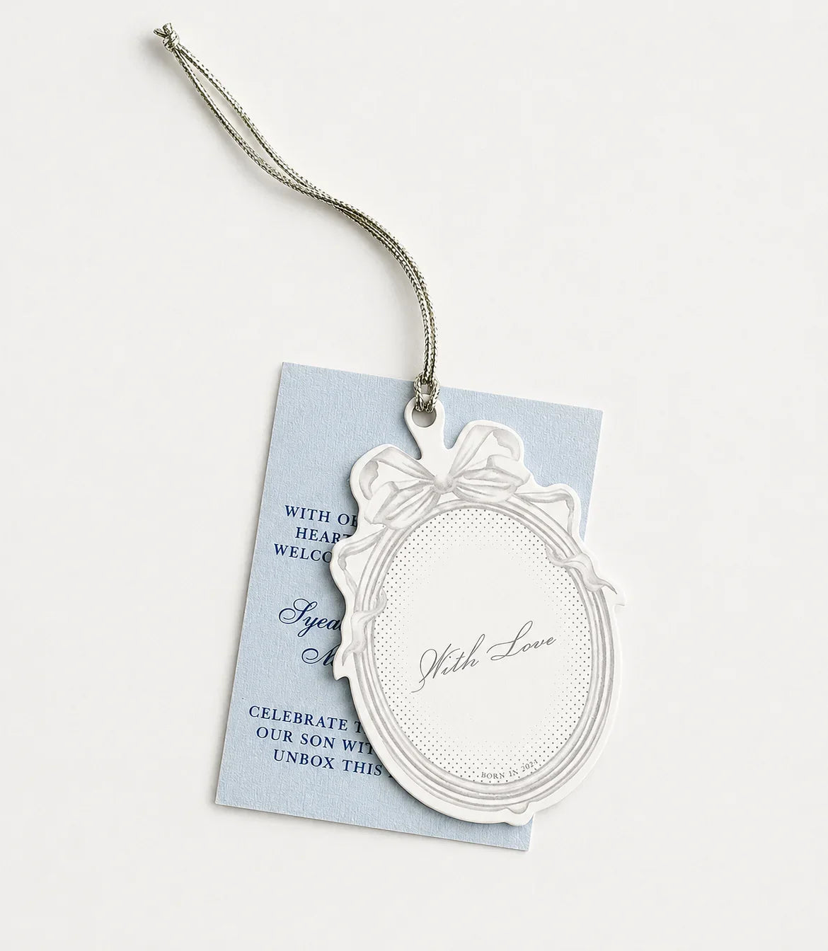 Elegant baby shower favor tag Pakistan with 'With Love' design and blue card