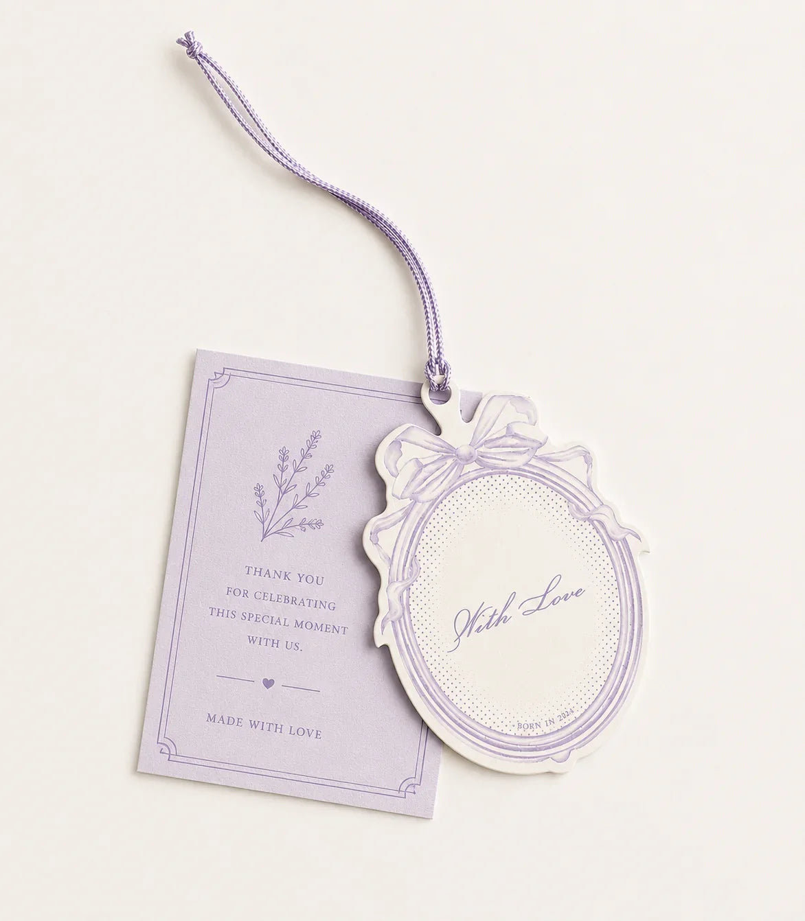 Elegant lavender wedding favor tag Pakistan with 'With Love' design and thank you card