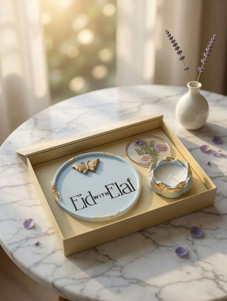 Eid with Elaf luxury gift set Pakistan by Just Serene, featuring gold-accented tray, candle & floral coaster
