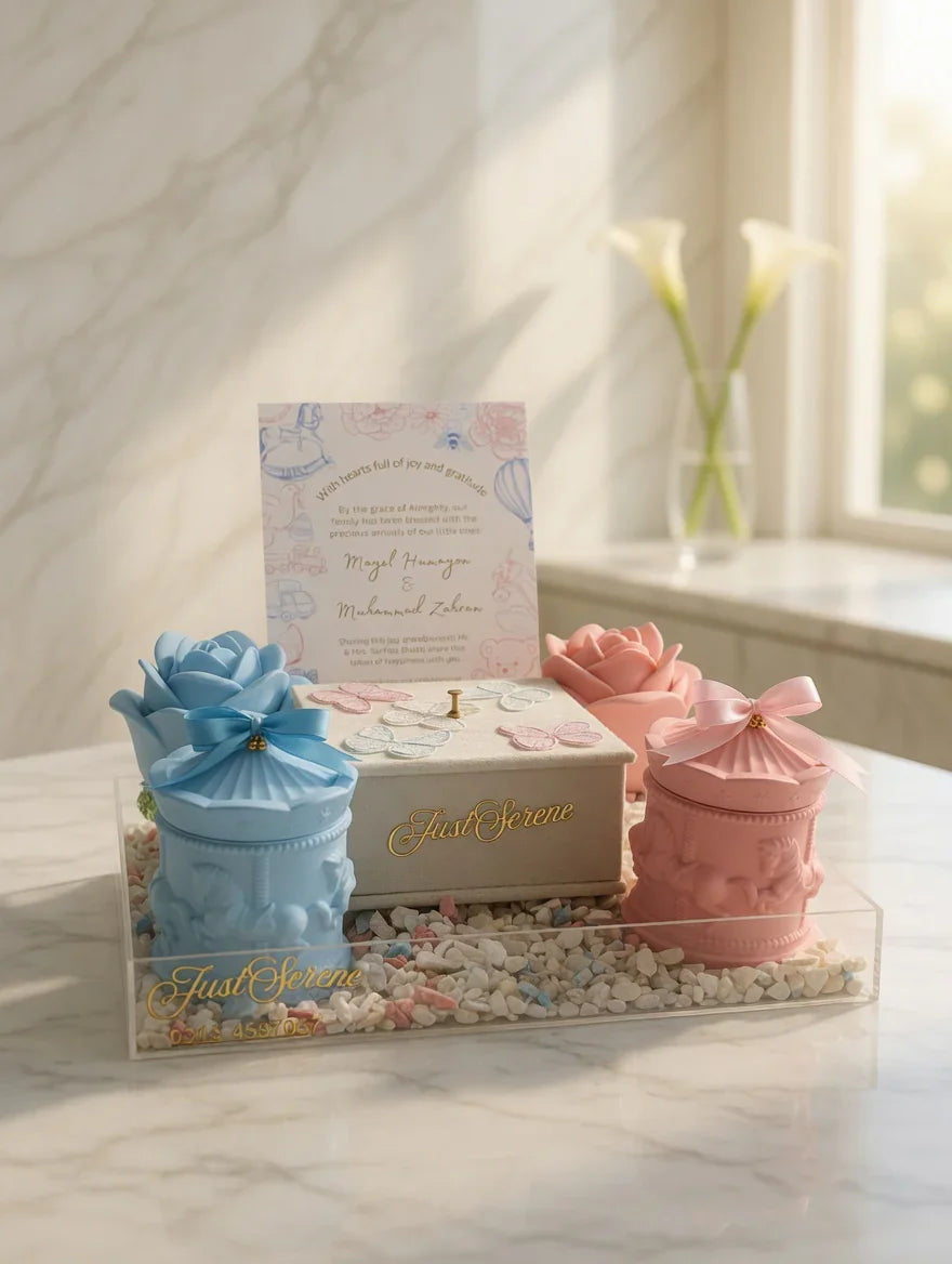 Luxury baby shower favor set Pakistan by Just Serene with pastel rose boxes and keepsake card