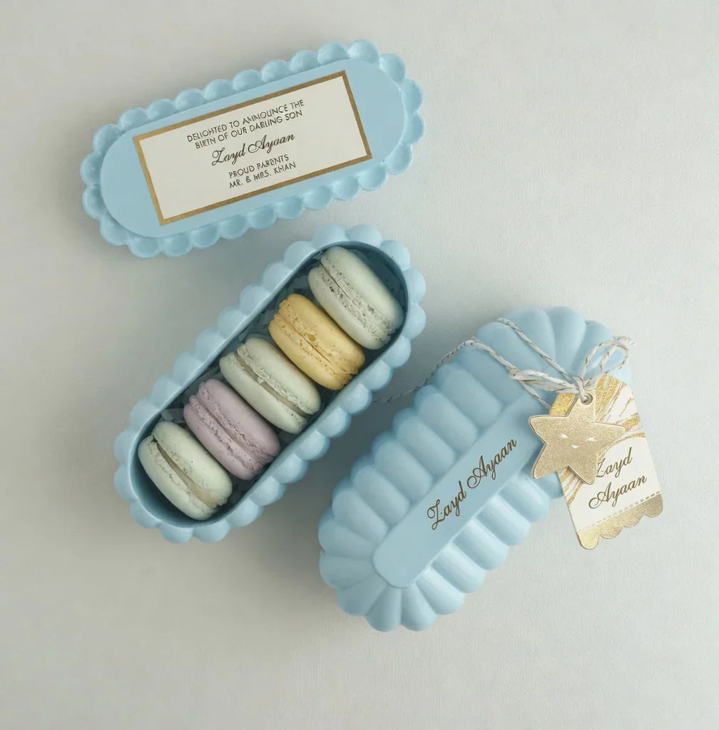 Personalized baby shower macaron gift box Pakistan by Just Serene