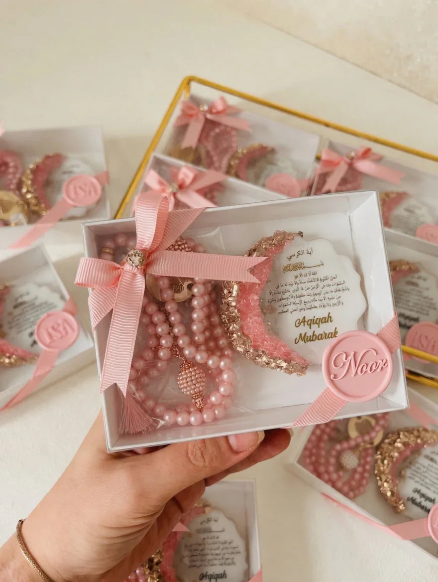 Pink Aqiqah favor gift box Pakistan with pearl rosary and moon charm by Just Serene